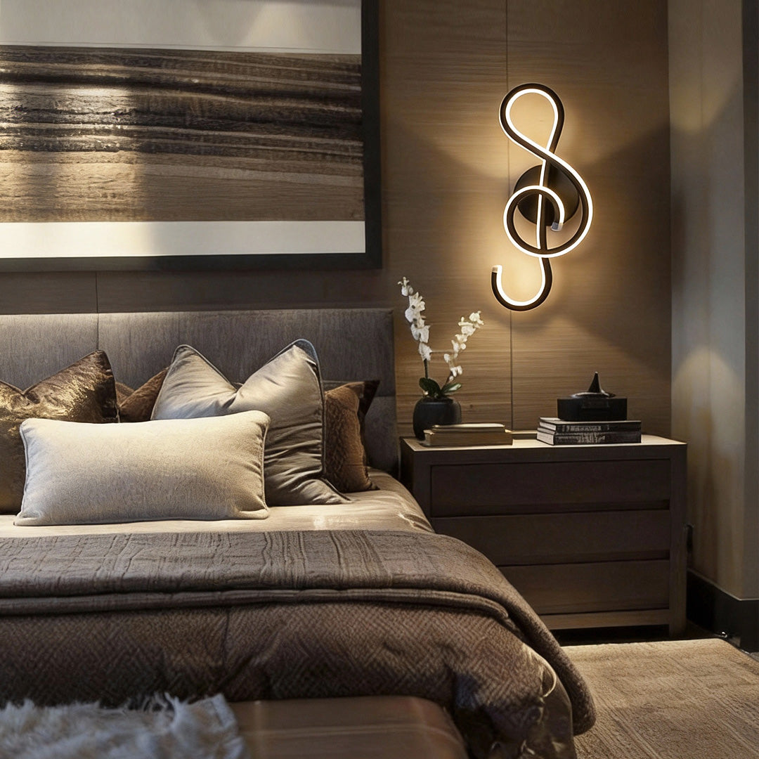 Musical note wall light providing soft illumination above a cozy bed.