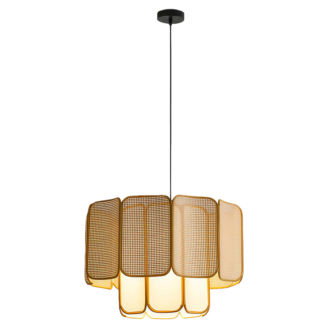 Natural bamboo pendant light suspended over a kitchen island, adding warmth and texture to the space.