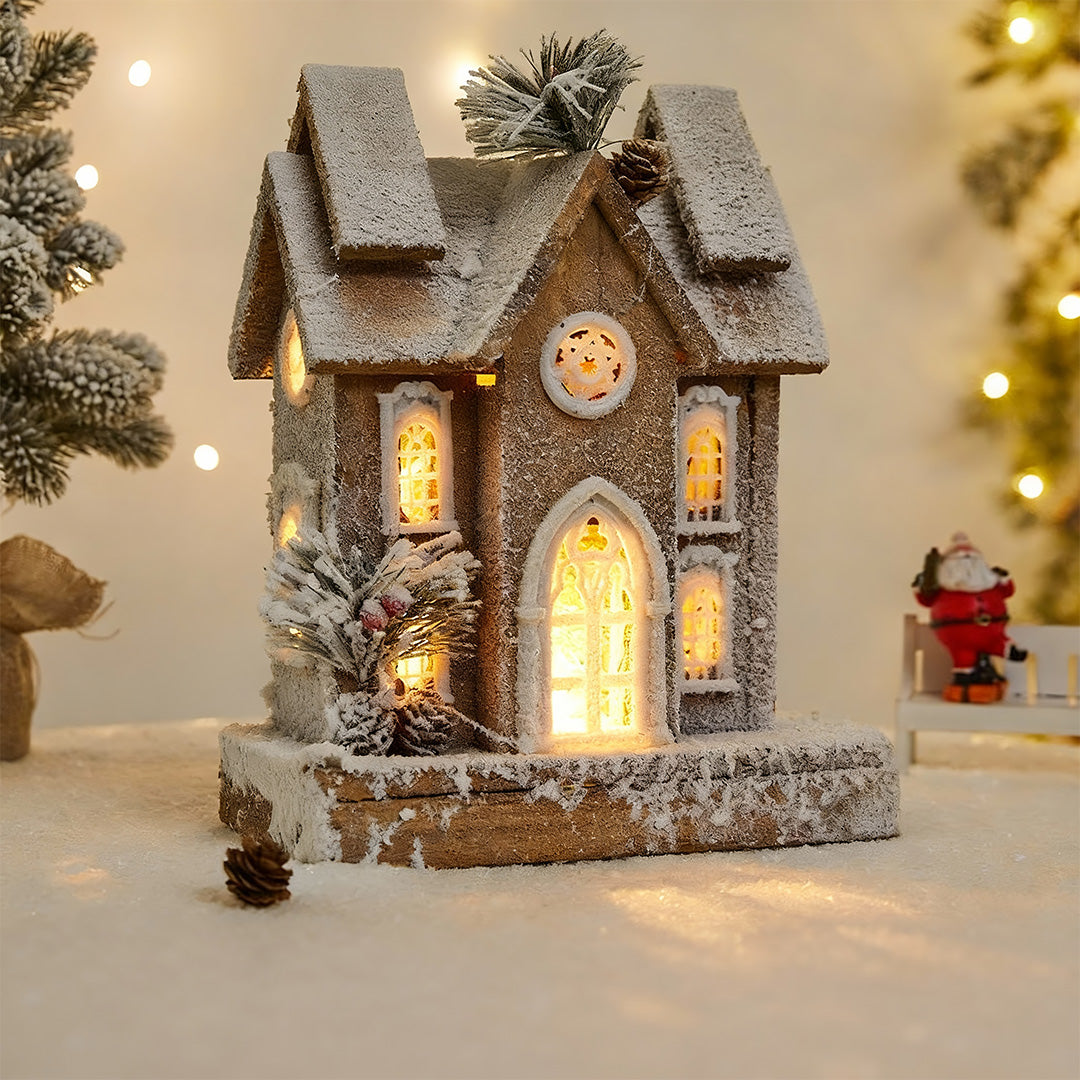 Natural brown double-roof cottage style of light up wooden christmas houses for warm holiday decor.
