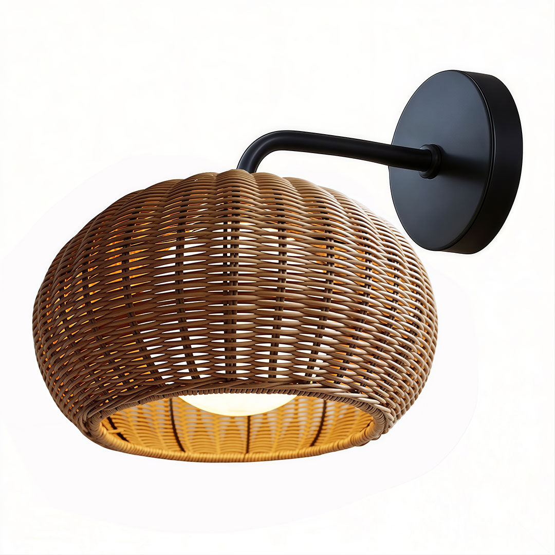 Natural brown rattan outdoor pendant light glowing warmly isolated against white background ok!!