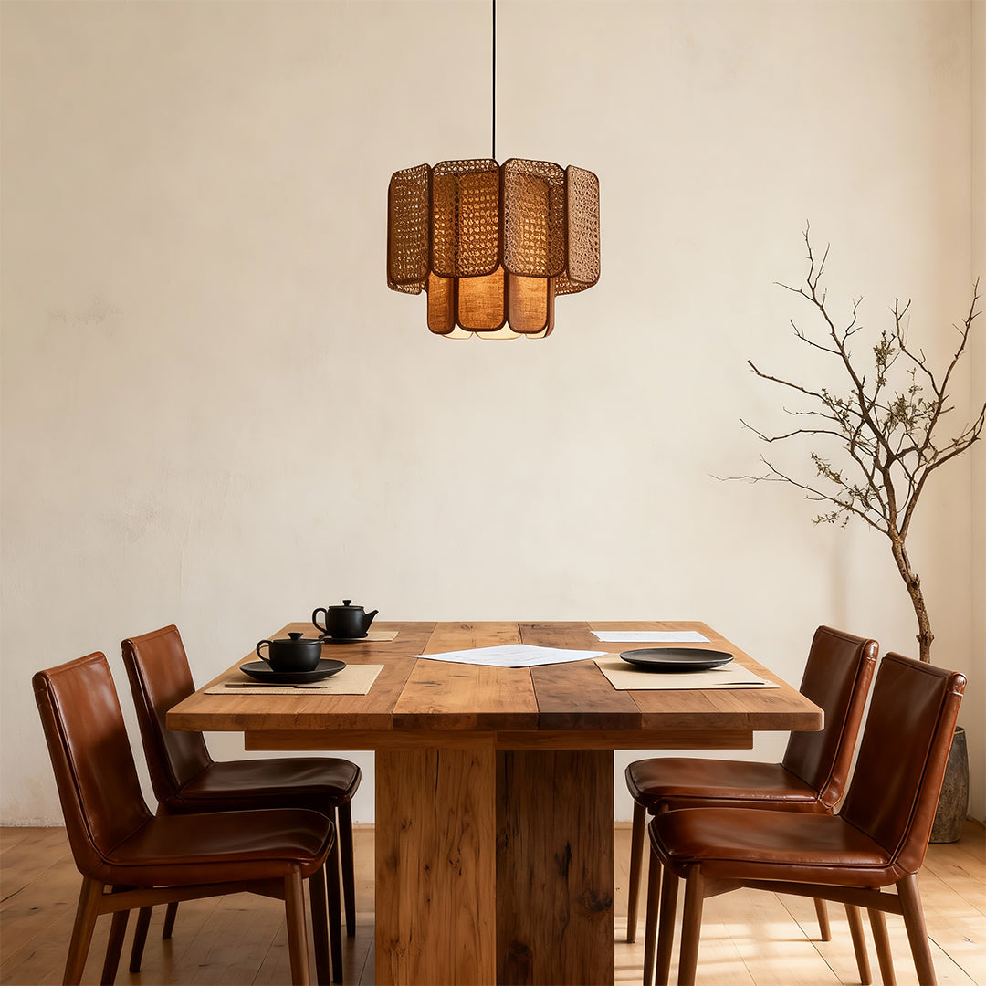 Bamboo pendant light with a natural finish, perfect for illuminating kitchen counters and island areas.