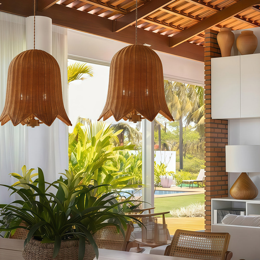 Natural rattan pendant light over a dining table, bringing a touch of nature and elegance to the room.