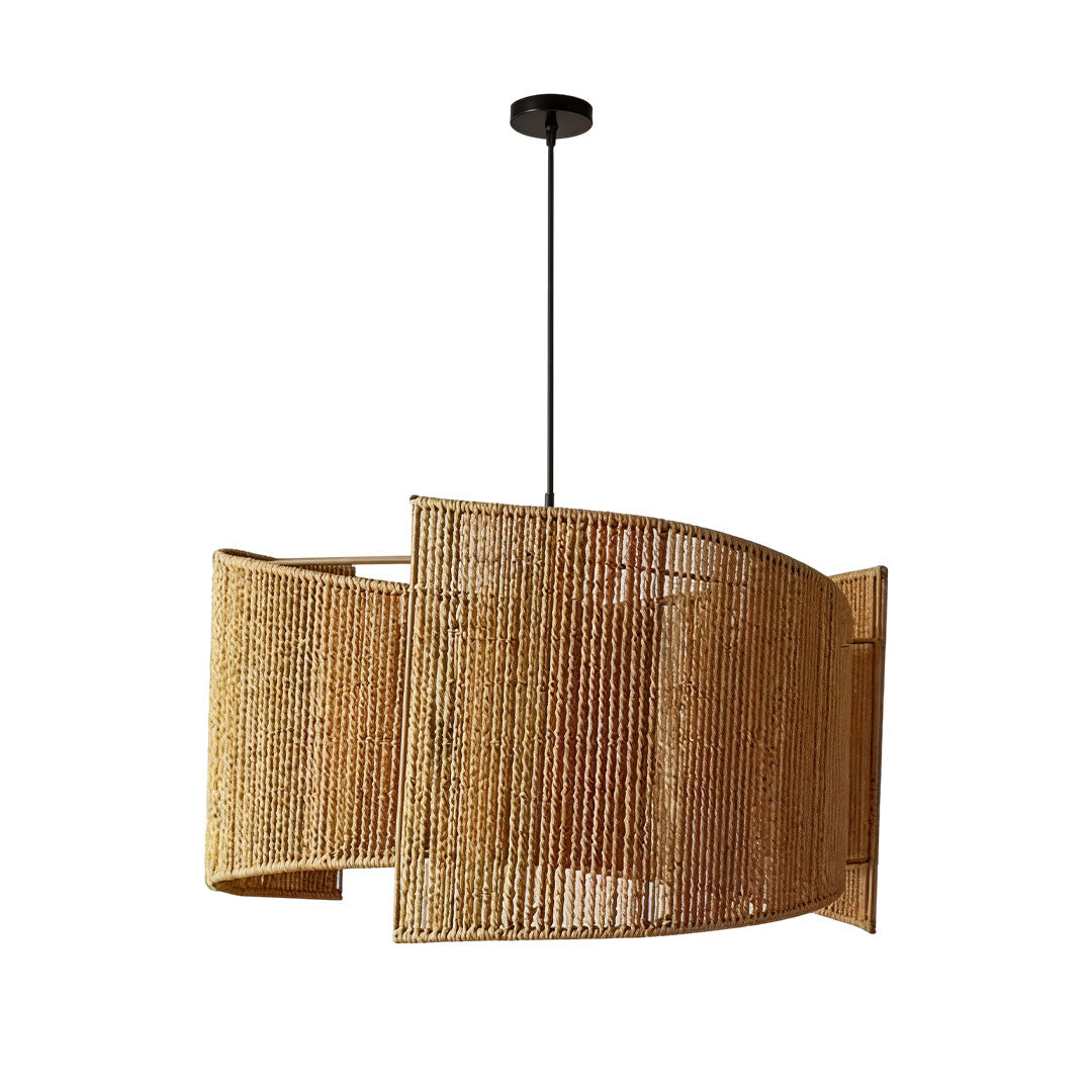 Rattan woven pendant light featuring a natural golden rattan shade and minimalist ceiling mount.