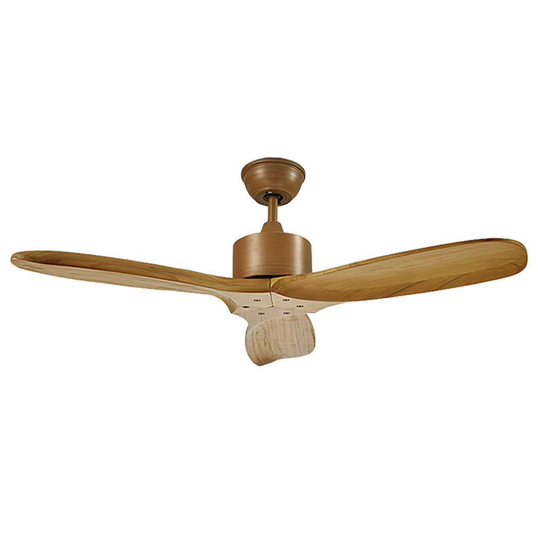 Natural wooden ceiling fans with light featuring blonde wood blades and brass motor housing
