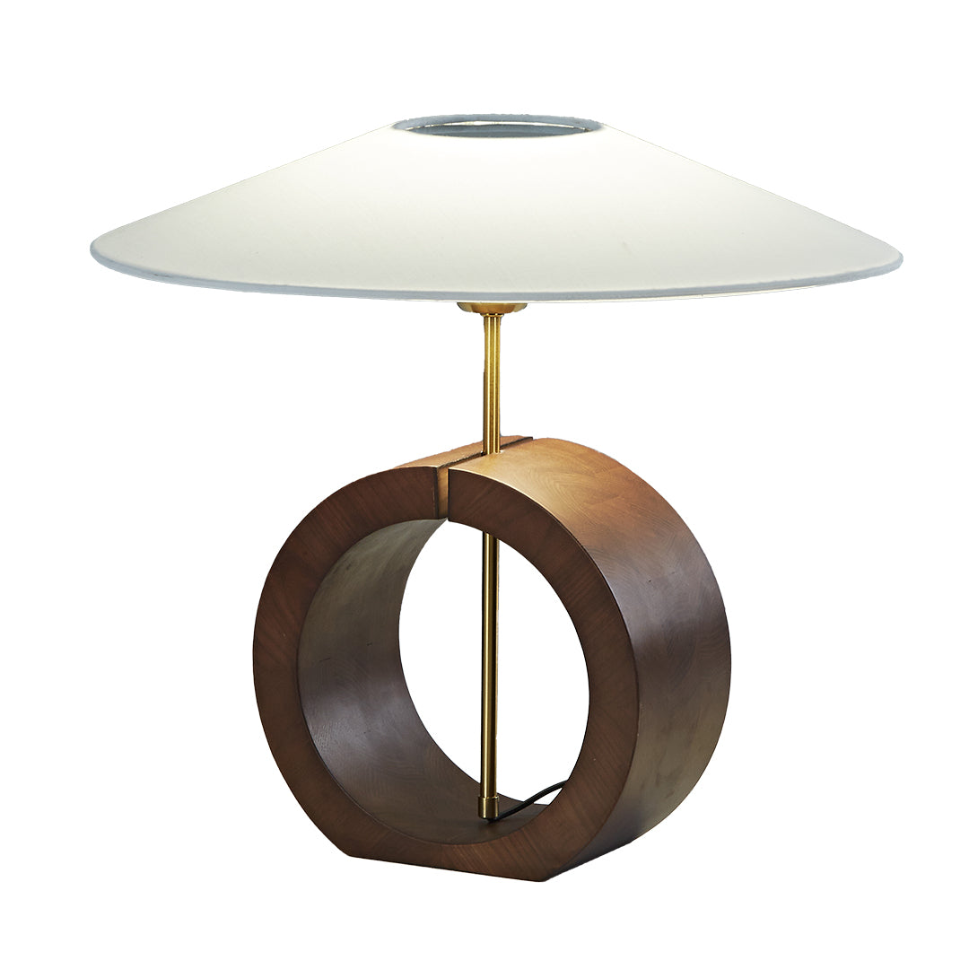 Modern table lamp with circular natural wood base and wide white lampshade.
