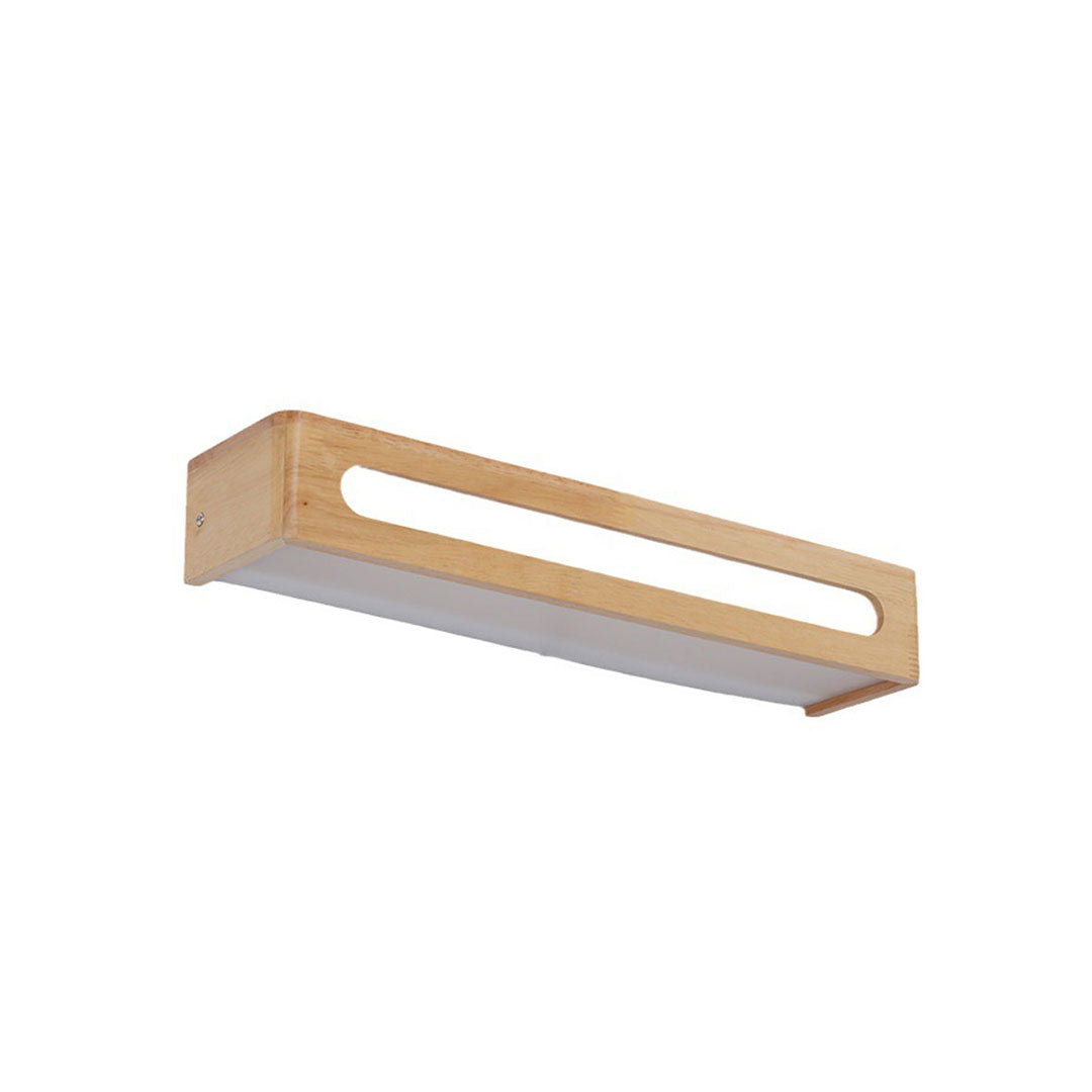 Natural wood texture linear vanity mirror light on white background.