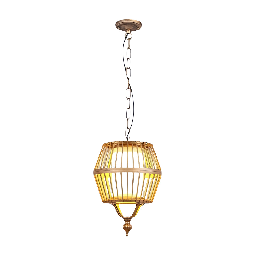 Close-up of the natural woven bamboo japanese lantern pendant light with a bronze finish canopy and hanging chain.