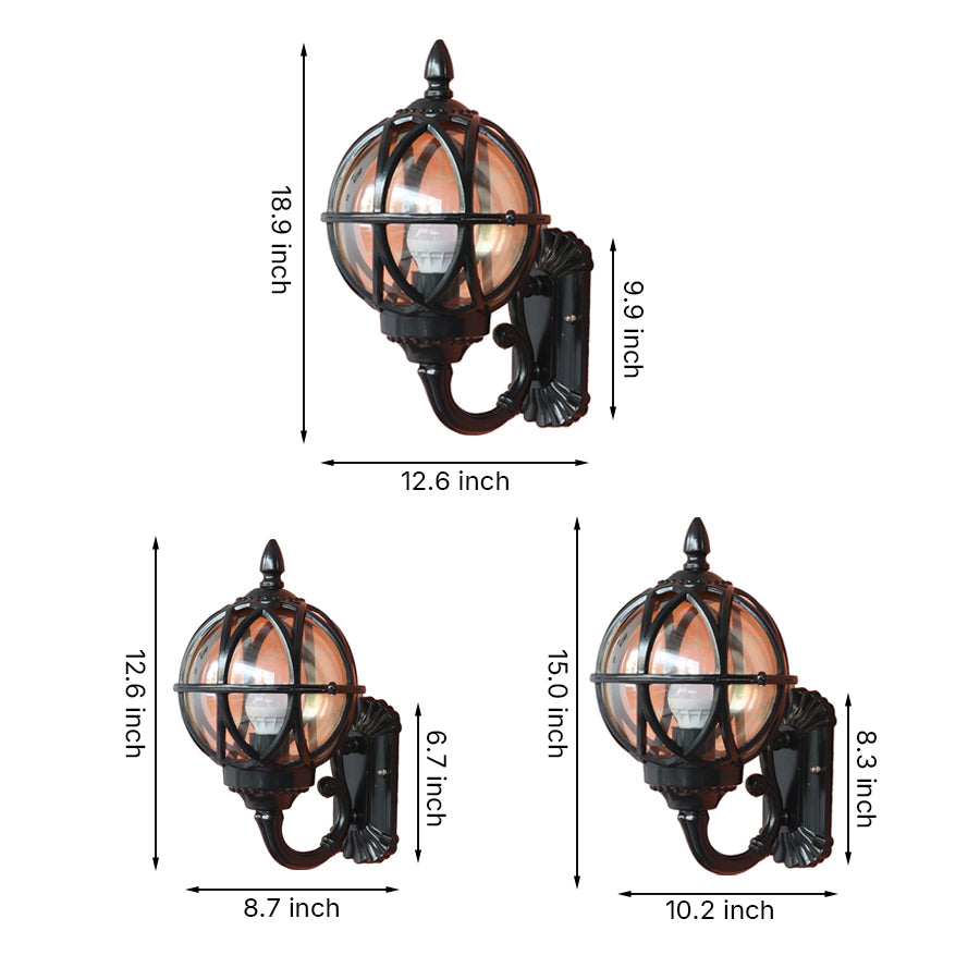 Technical specification diagram showing dimensions of various nautical lantern models