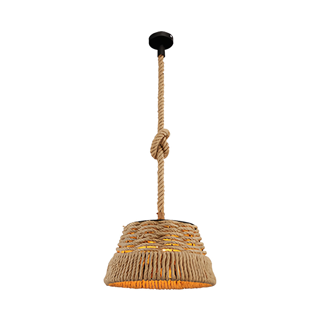 Nautical style single rope pendant lights with a large knot detail and basket-woven shade on a clean white background.