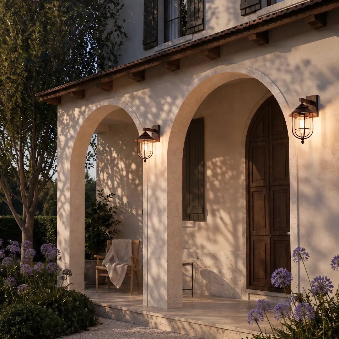 Nautical wall sconces mounted on a covered porch, adding warm light to an arched exterior entry.