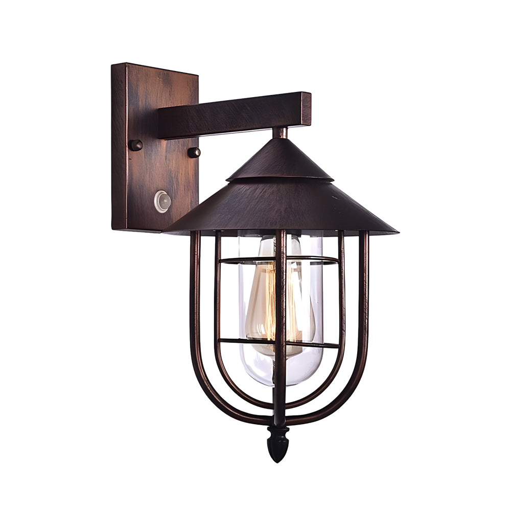 Rustic nautical wall sconce with wood mounting plate, combining industrial and coastal design elements.