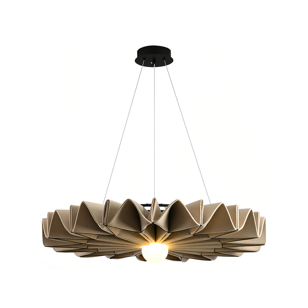 Full view of the neutral brown cloth chandelier fixture with exposed globe lightbulb 
