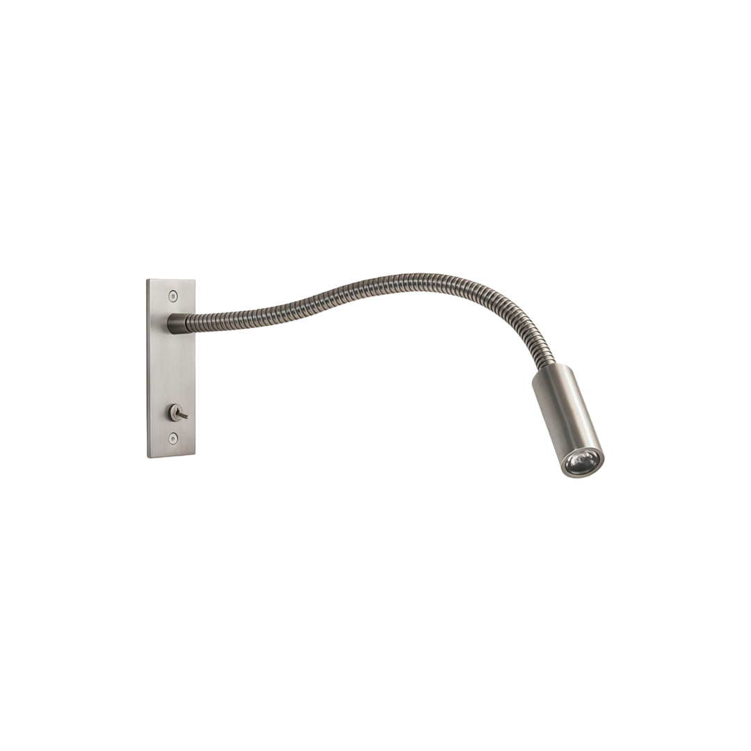 Brushed nickel swing arm wall mount light with curved flexible reading arm.