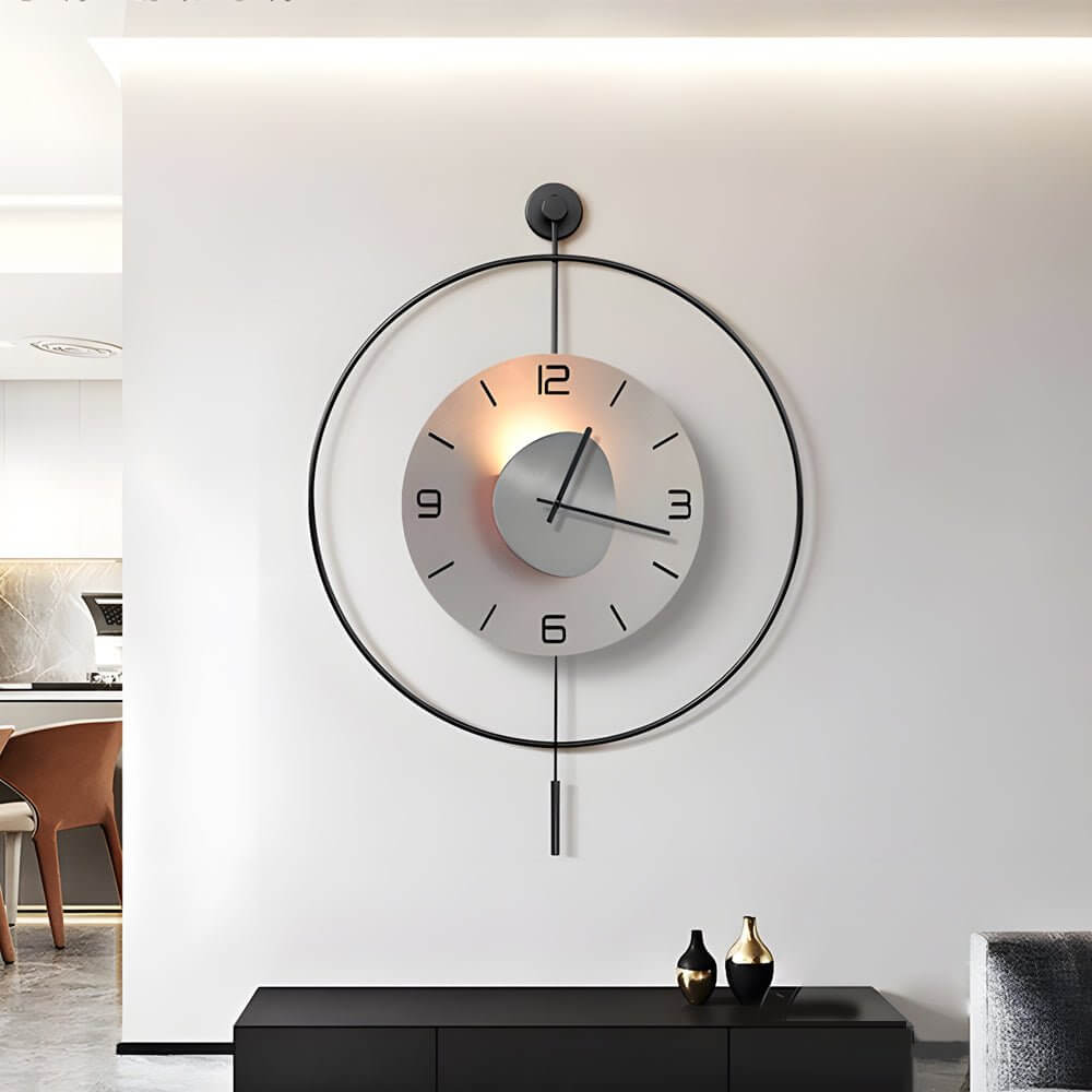 Night light wall clock with a close-up view of its illuminated clock face.