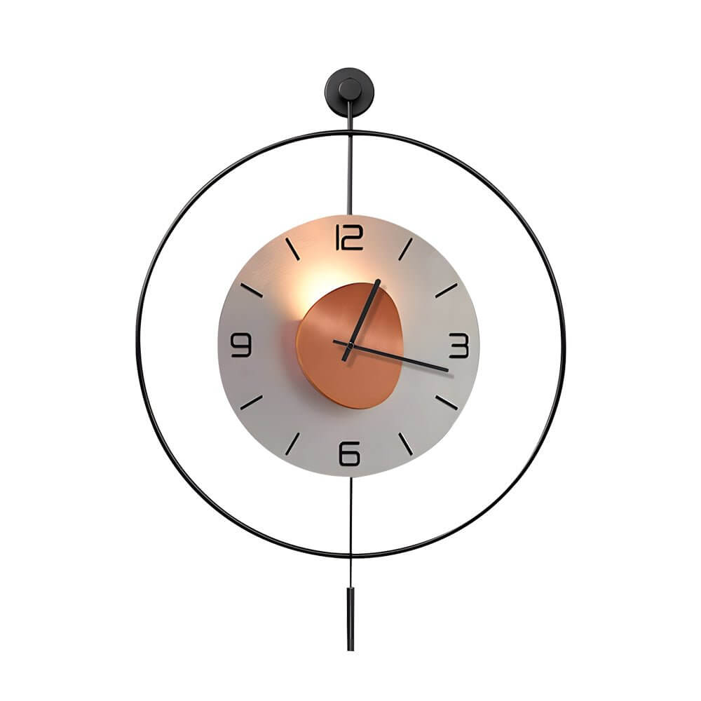 Night light wall clock with a copper and gray color scheme, displayed on a white wall.
