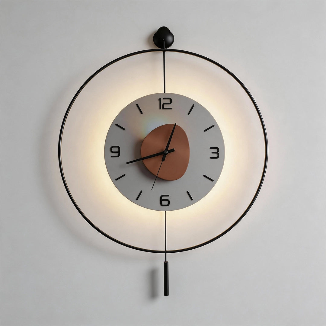 Night light wall clock with a circular frame and warm backlight glowing around the clock face.