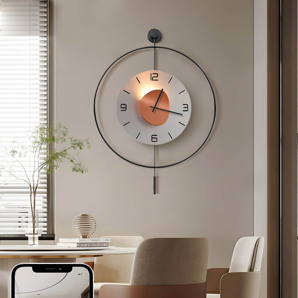 Night light wall clock adding a modern touch to a dining room with wooden furniture.