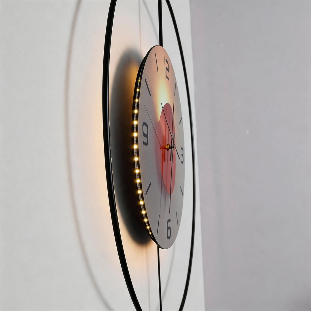 Side view of a night light wall clock showing the warm LED glow behind the round clock face.