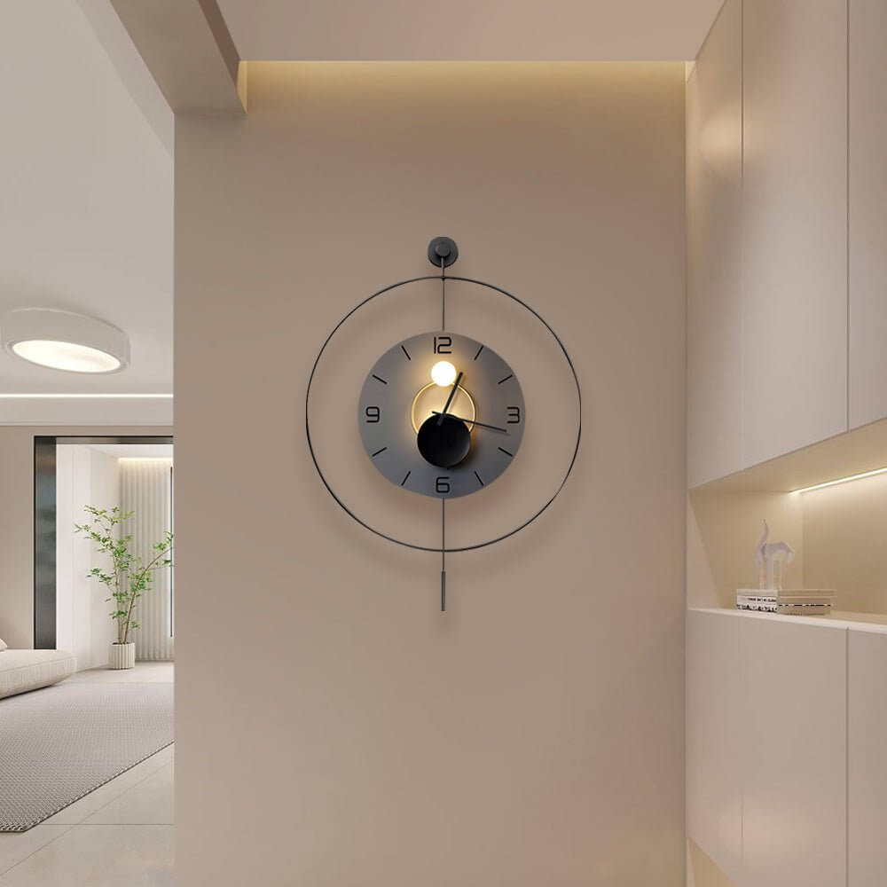 Night light wall clock providing soft illumination in a cozy living room with a sofa.