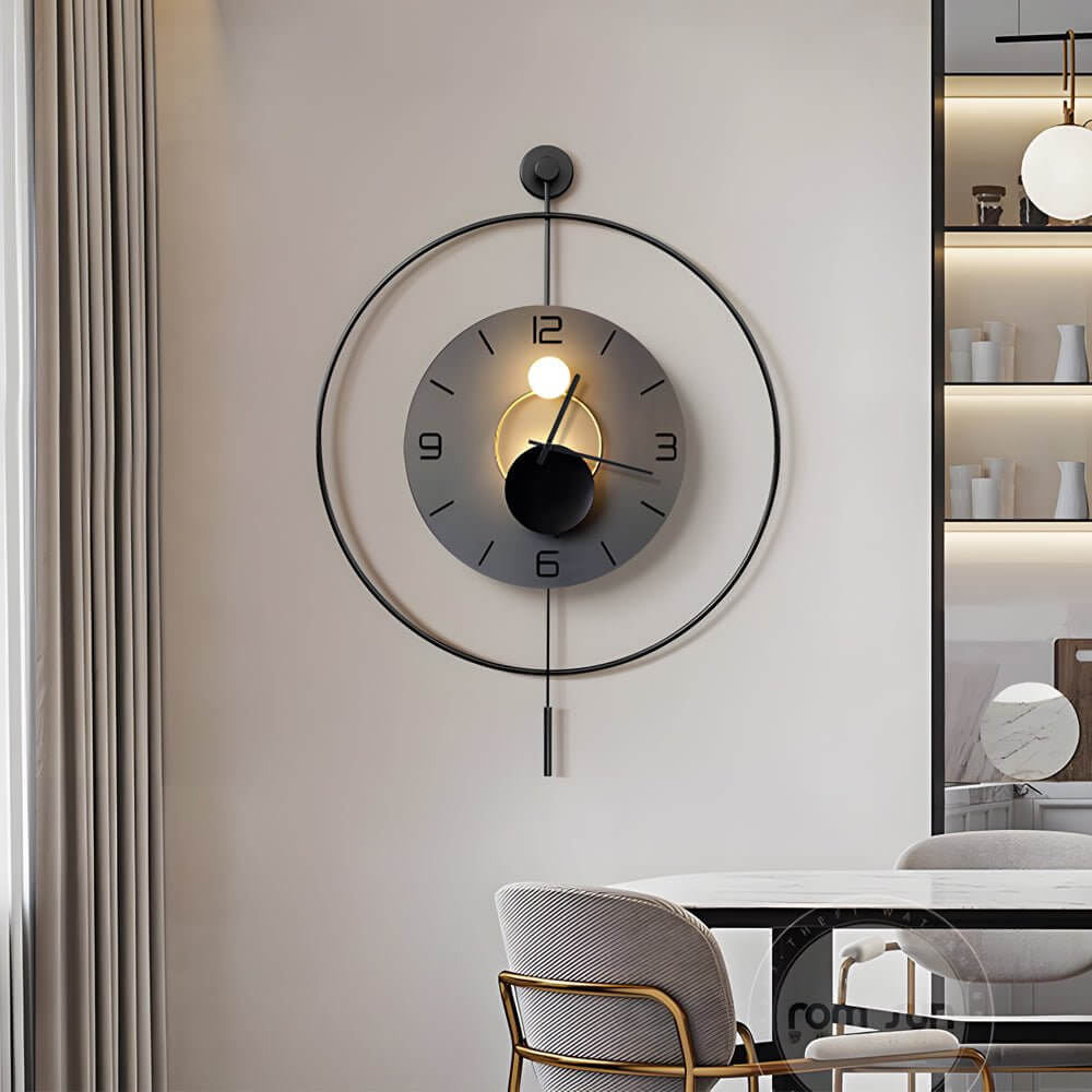 Night light wall clock enhancing a stylish kitchen with white cabinets and a dining table.