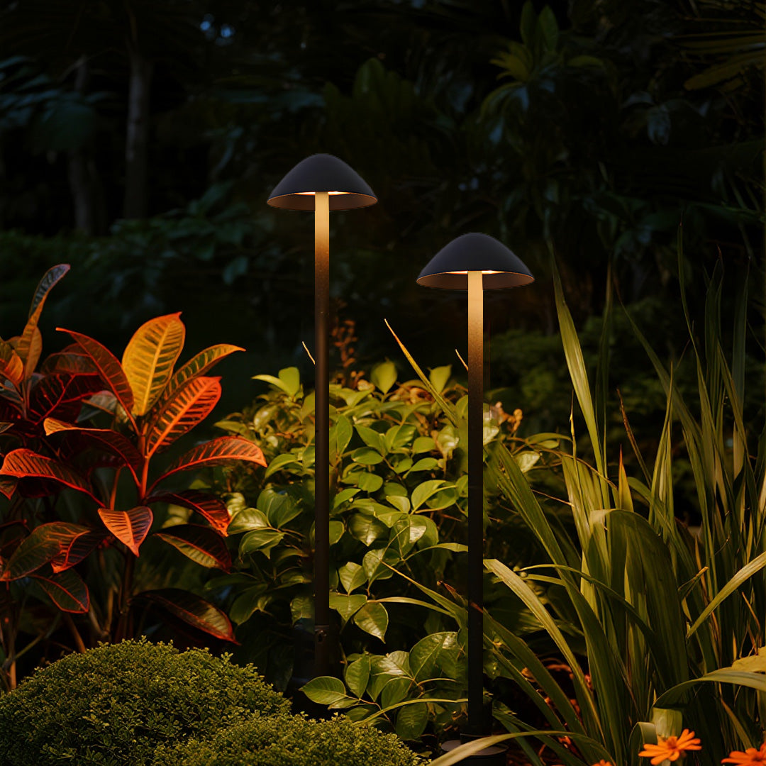Nighttime mushroom garden lights installation showcasing dramatic uplighting effects in contemporary residential outdoor space