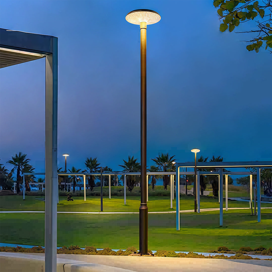 Nighttime view of a residential streetlight enhancing a pathway with efficient lighting.