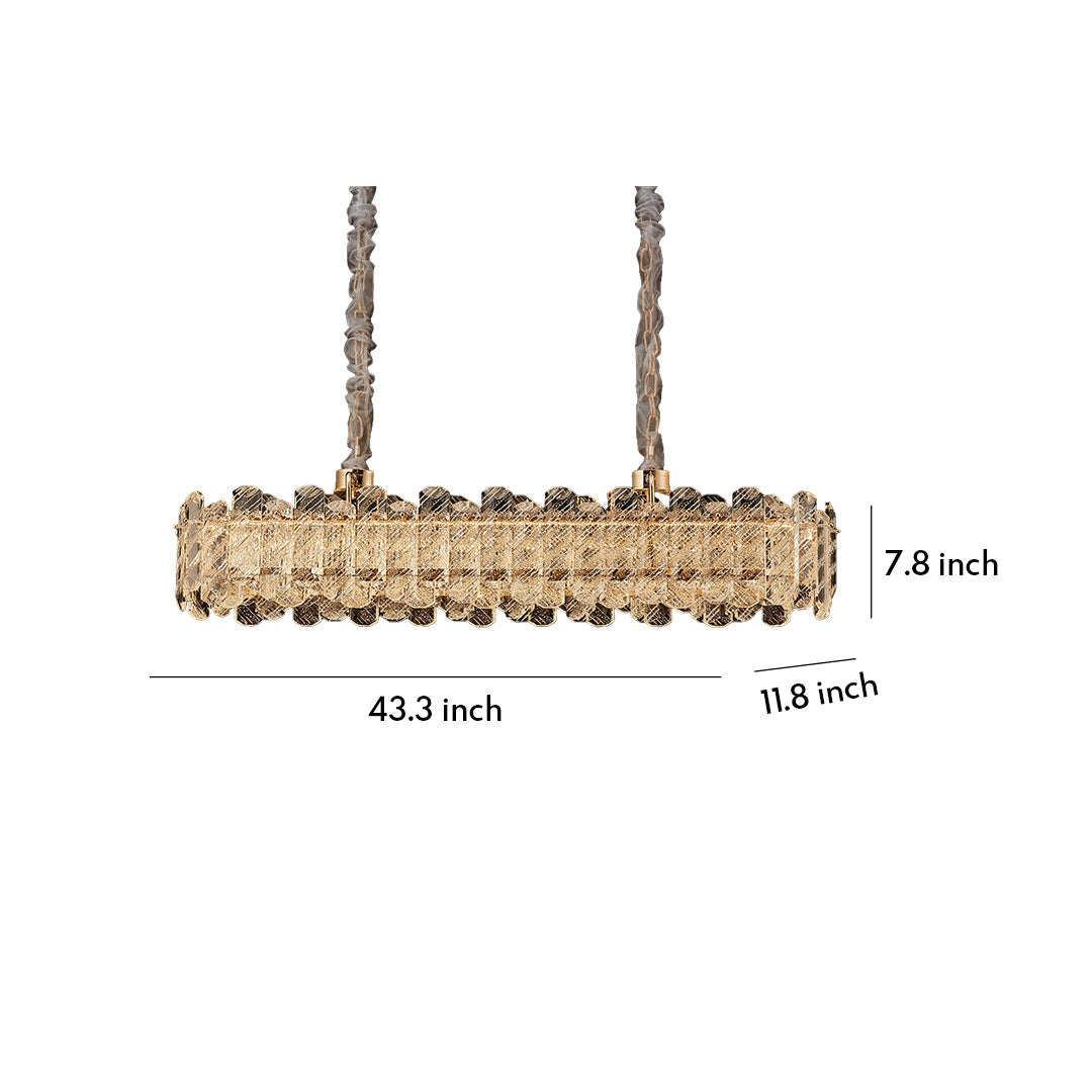 Nordic chandelier with glass shade chandelier inspired design in rectangular linear form with champagne gold finish and tiered crystal arrangement.