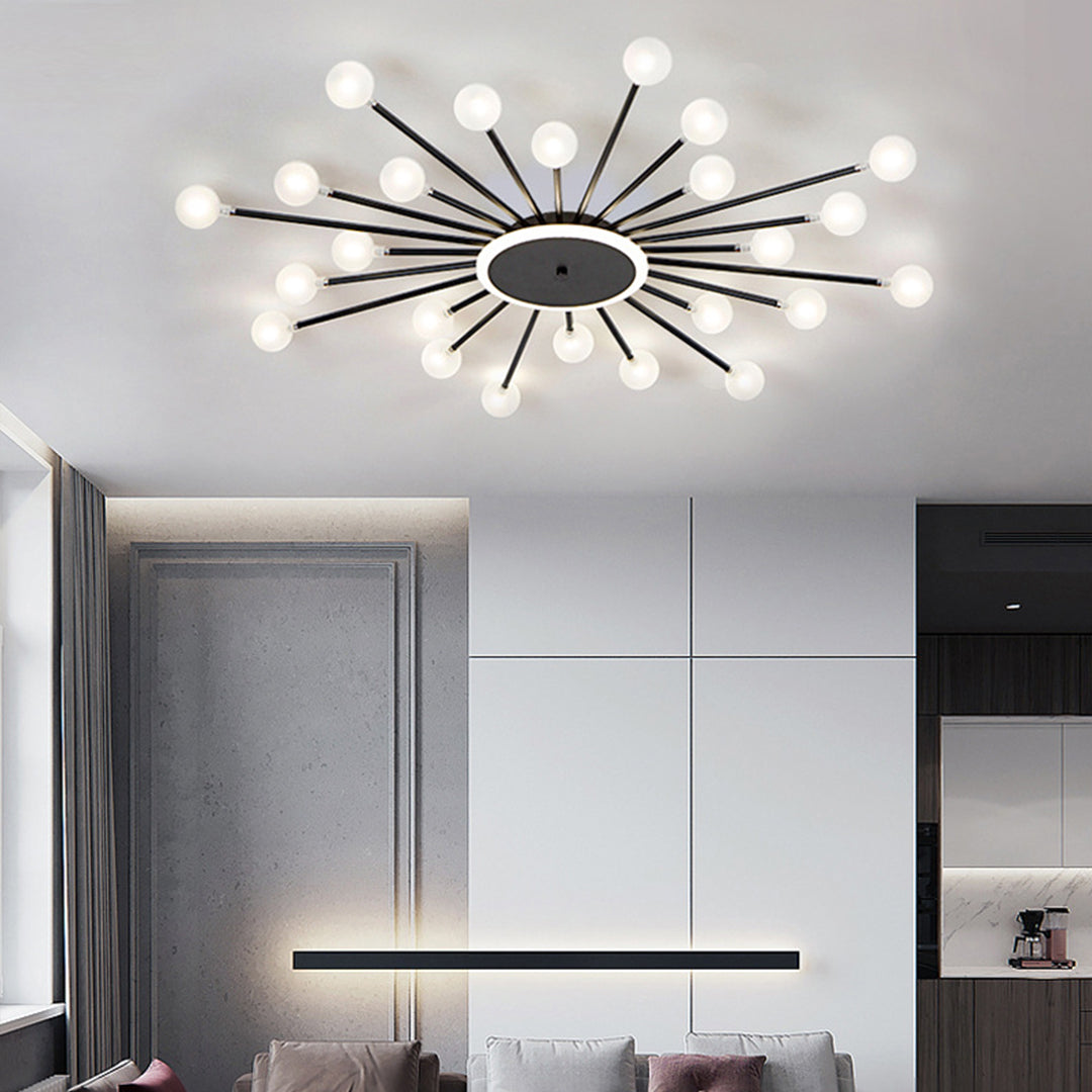 Illuminated starburst ceiling light with golden finish and bright bulbs in modern living space