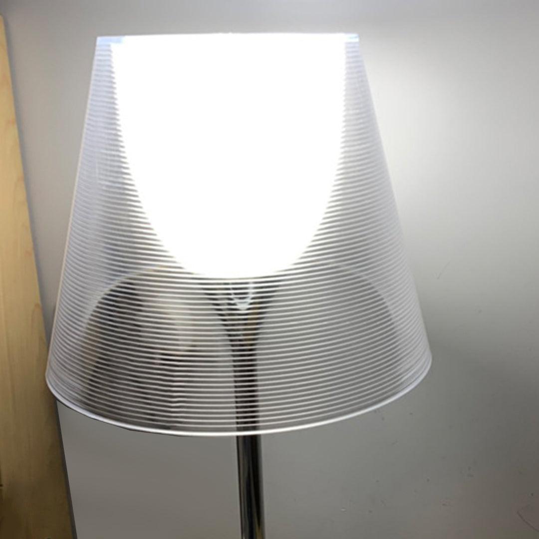 Close-up detail of Nordic floor lamp showing translucent ribbed shade and warm ambient lighting
