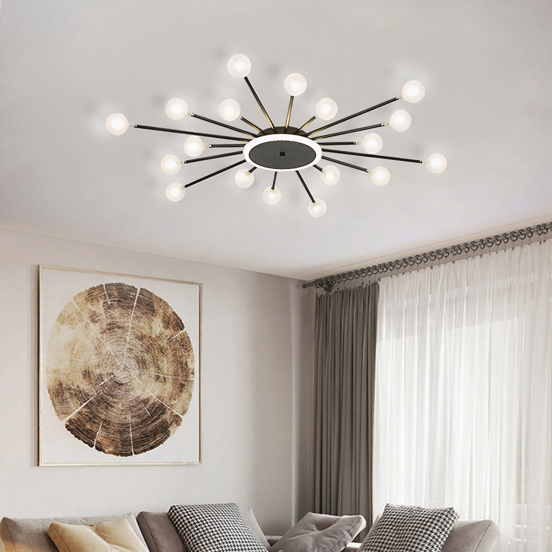 Starburst ceiling light with globe bulbs creating warm ambient lighting in modern hallway