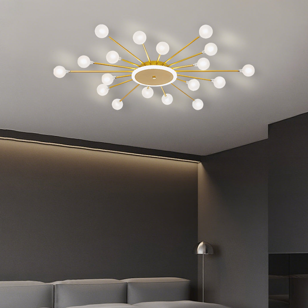 Starburst ceiling light with globe bulbs creating warm ambient lighting in modern hallway