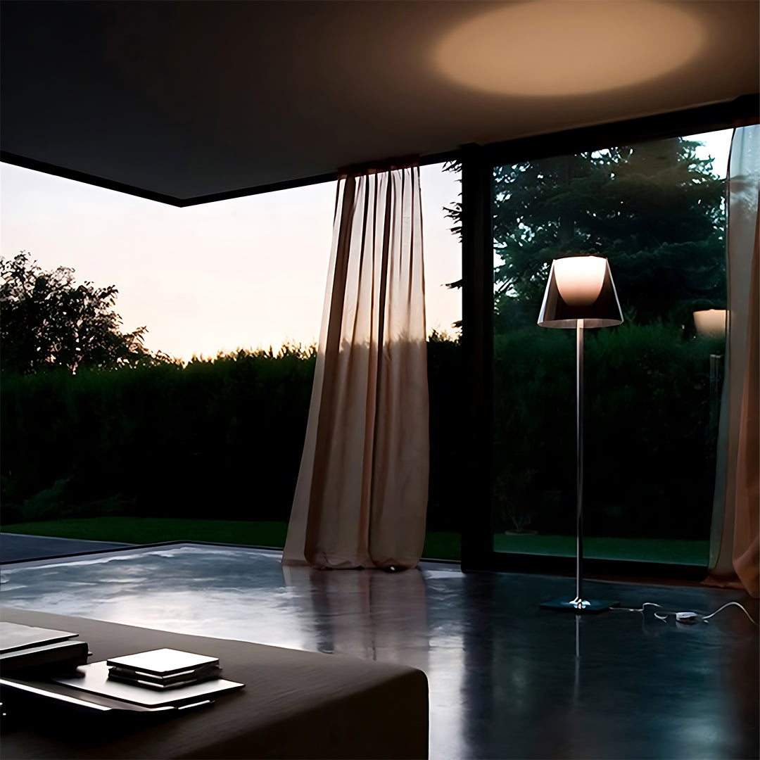 Pair of Nordic floor lamps in modern bedroom providing balanced ambient lighting and symmetry