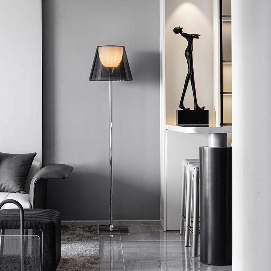 Nordic floor lamp illuminating modern living room with dark furniture and contemporary decor