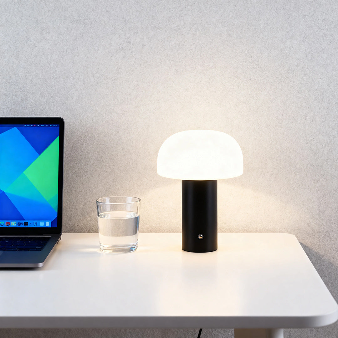Black and white novelty table lamps arranged on marble surface with smartphone and wireless speaker