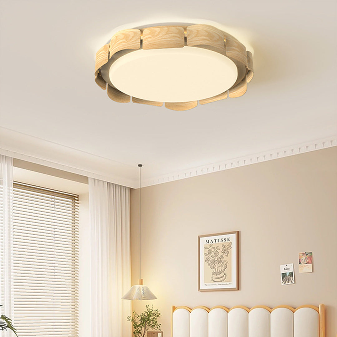Natural wood glass shade chandelier with round LED design installed in modern nursery