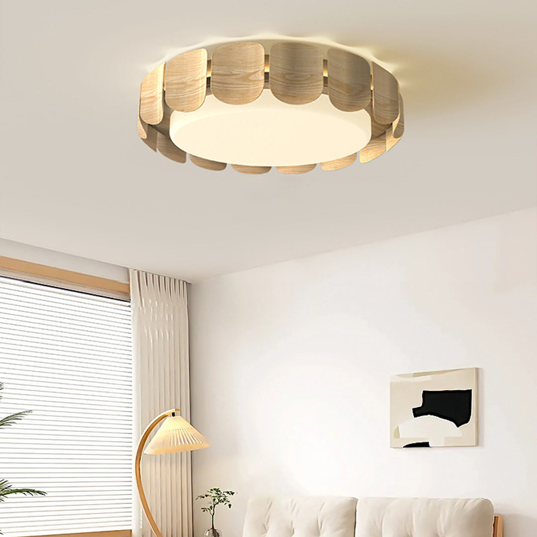 Light oak glass shade chandelier featuring round LED ceiling light in bright interior