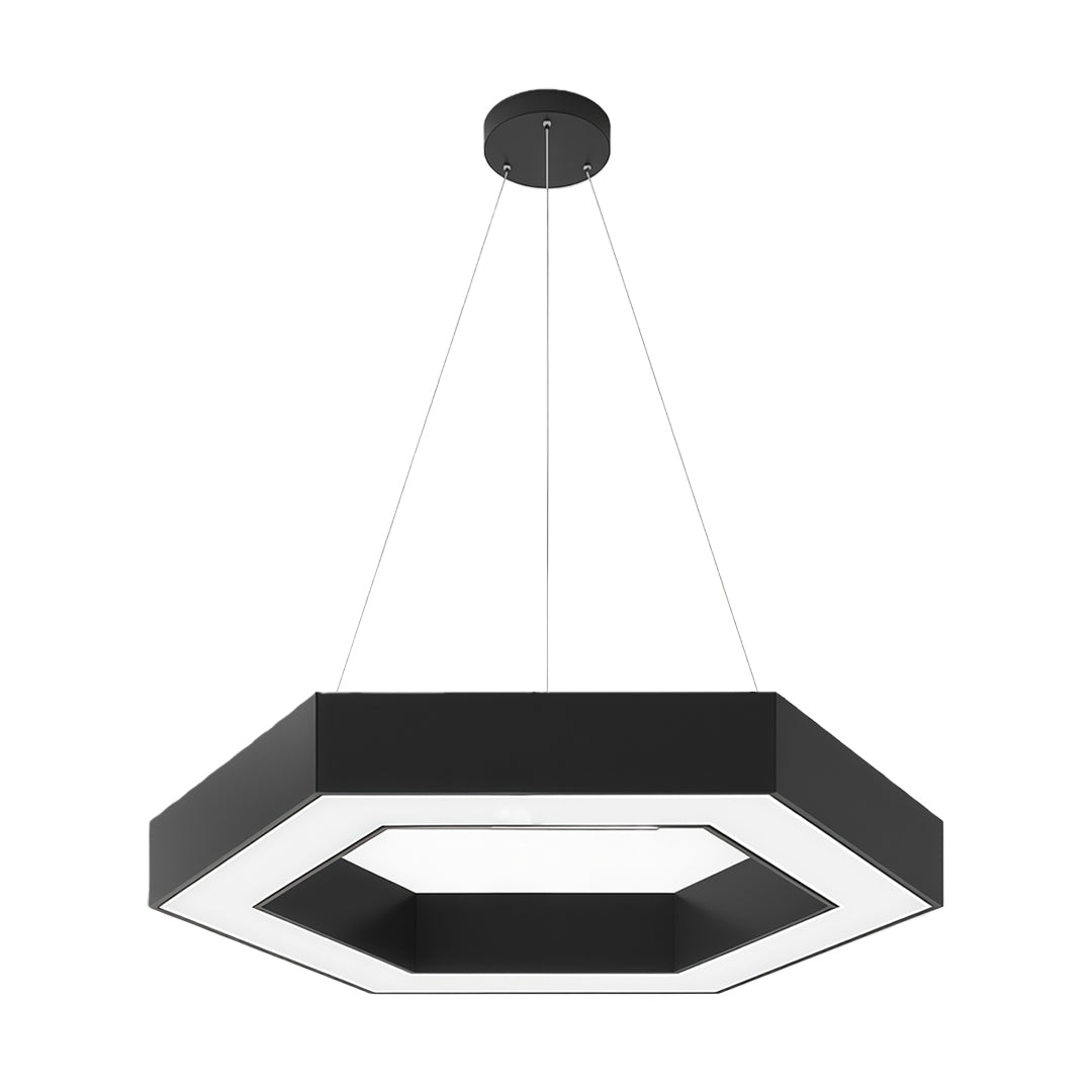 Multiple white and black geometric chandeliers suspended above a modern office, creating an innovative lighting effect.