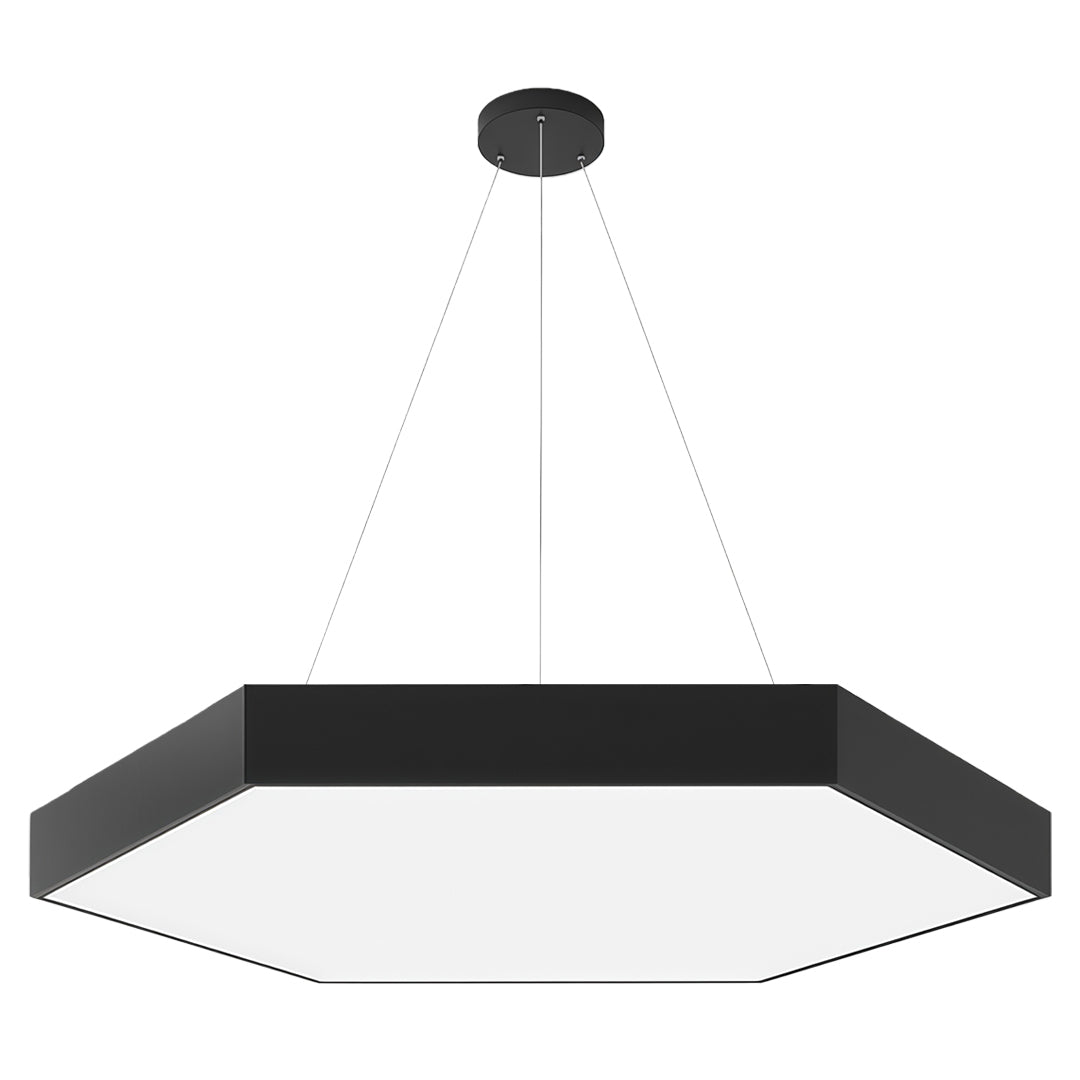 View of a modern office space with sleek, geometric chandeliers providing ambient lighting for productivity.