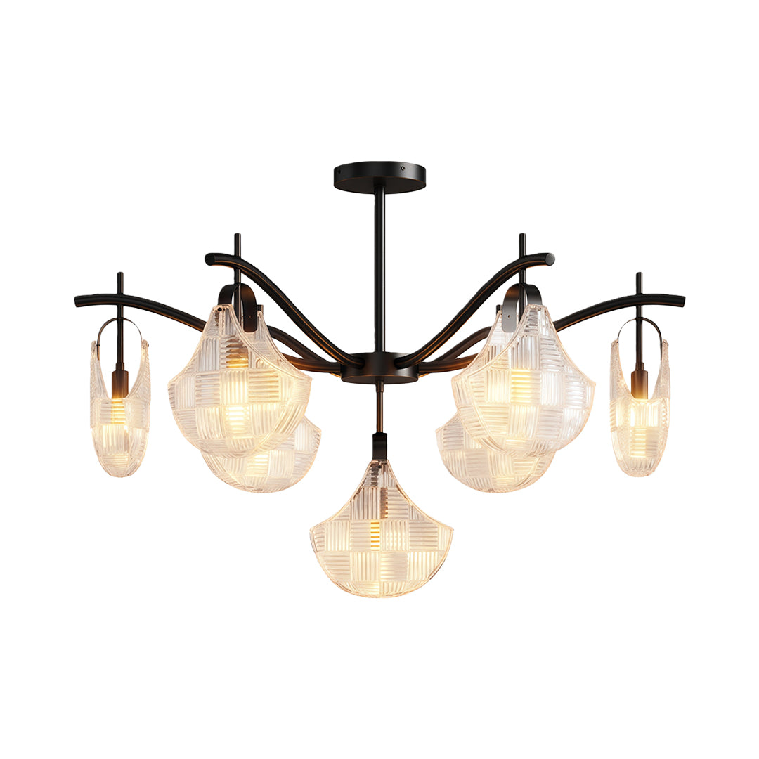 Shell chandelier light in oil-rubbed bronze with artistic shell glass arrangement.