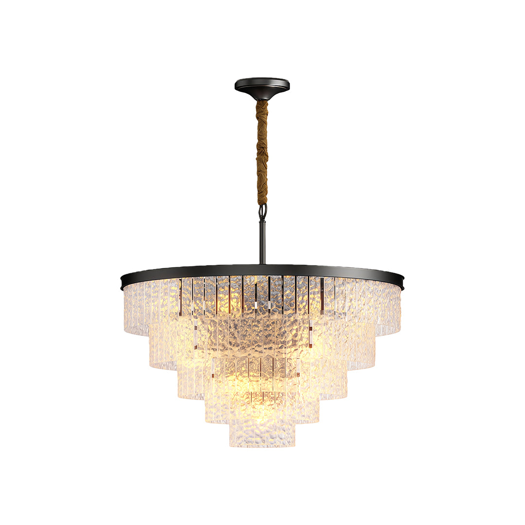 Round modern forms chandelier in oil-rubbed bronze with dramatic cascading crystal design.