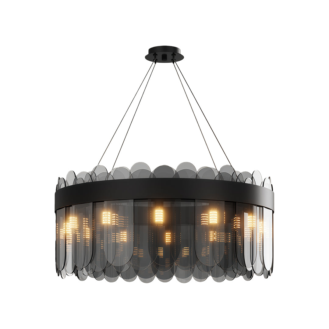 Modern copper chandelier in oil-rubbed bronze with circular scalloped frame design