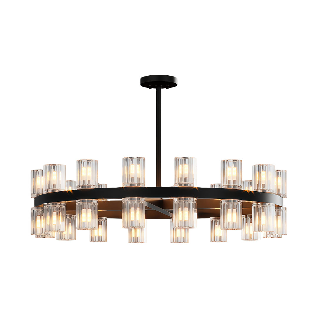 Luxury crystal chandeliers in oil-rubbed bronze with dense glass cylinder pattern.