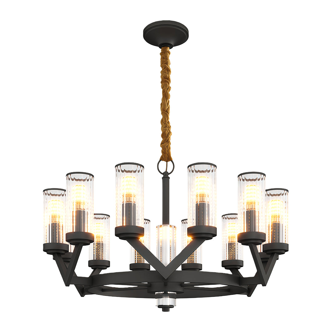 Glass drop chandelier in oil-rubbed bronze with dual-tier glass cylinder design