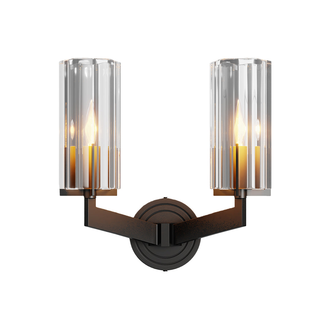 Candle chandeliers featuring oil-rubbed bronze with twin fluted glass shade configuration
