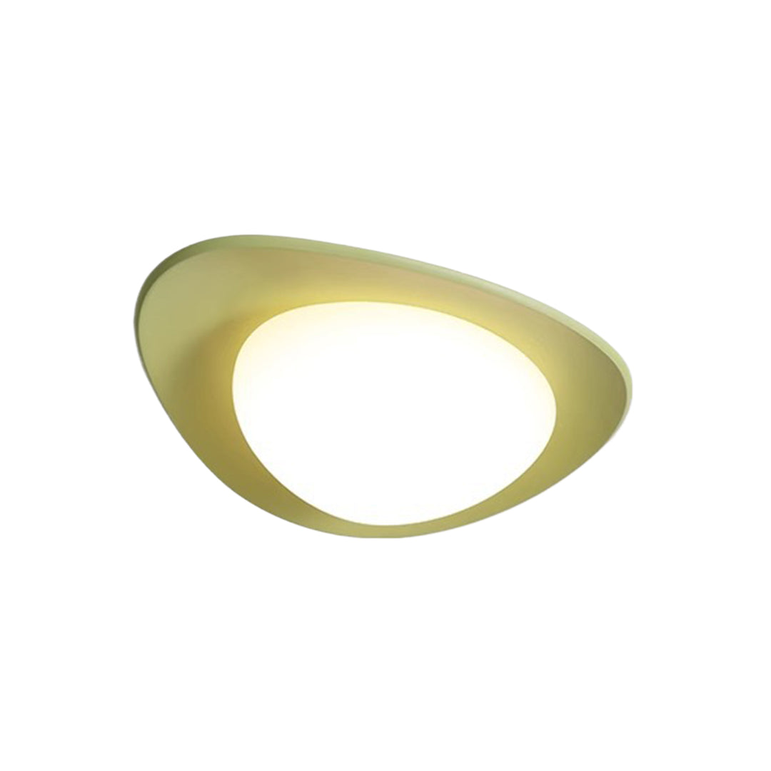 Contemporary pebble ceiling light in olive green finish with smooth organic stone-like form
