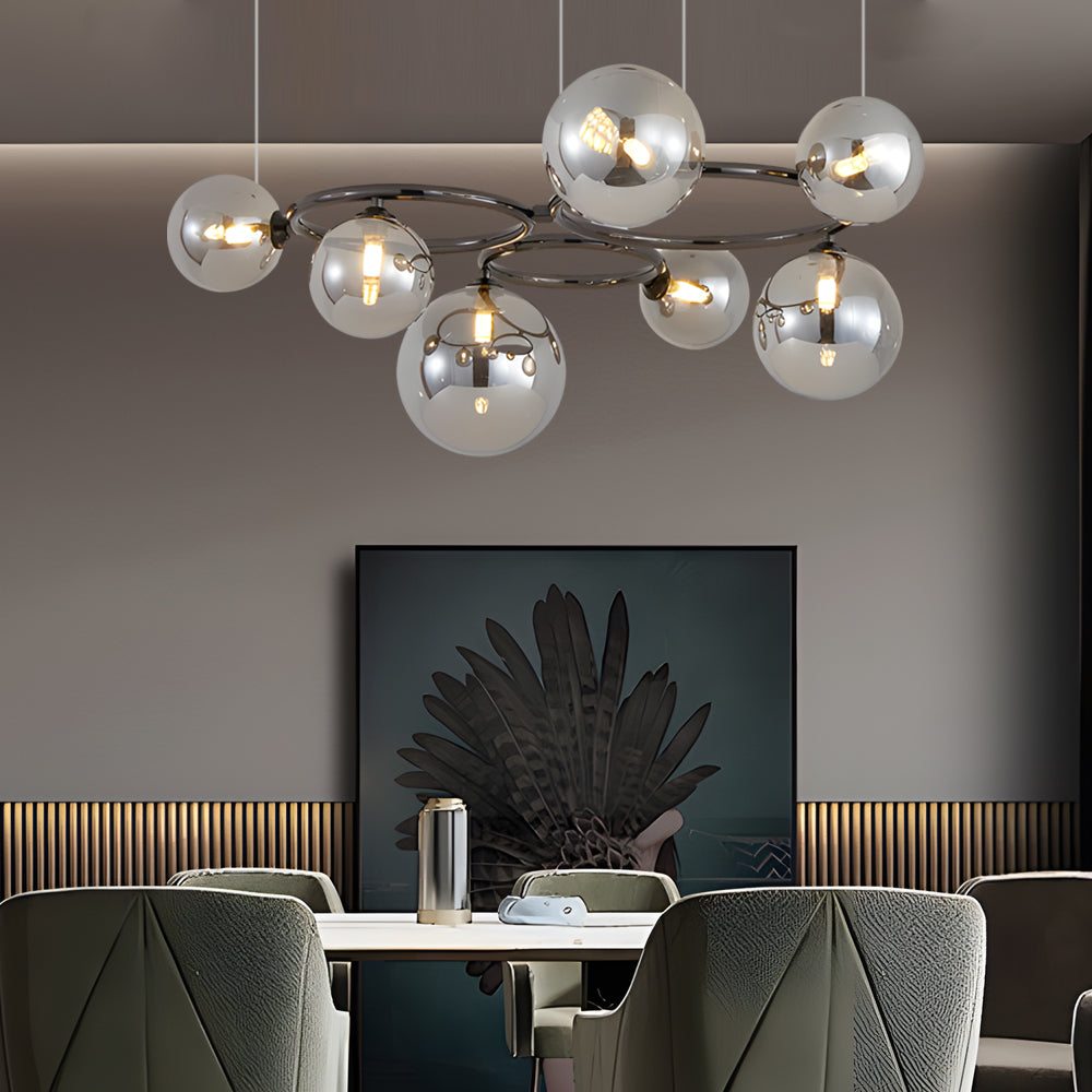 Opal glass globe chandelier with a copper frame, providing ambient lighting in a stylish interior.