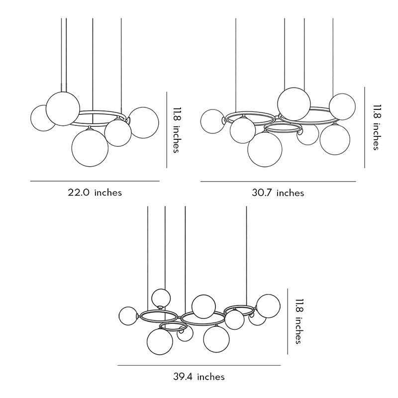Technical diagram of opal glass globe chandelier showing dimensions and installation details.