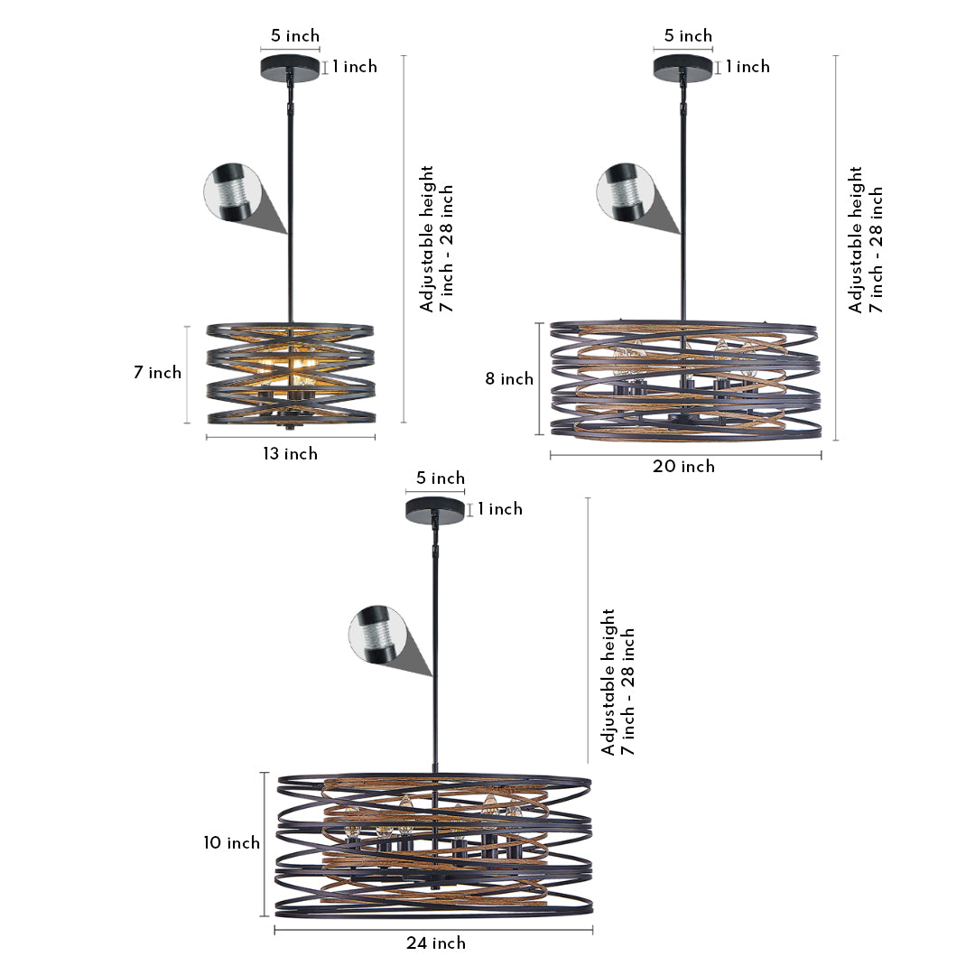 Black drum pendant light with open circular metal frame, showcasing dimensions and modern design.