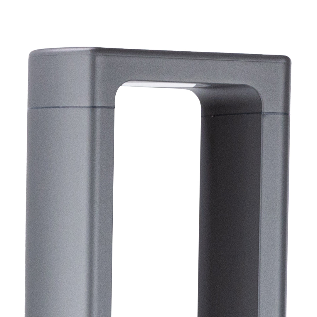 Detail view of rectangular bollard with open frame construction and integrated lighting