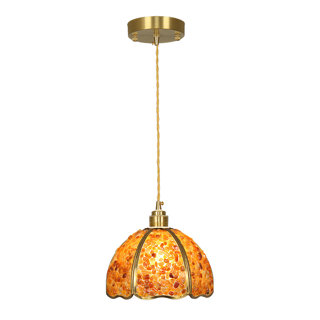 Orange-amber small crystal pendant light with intricate glass pattern and gold chain